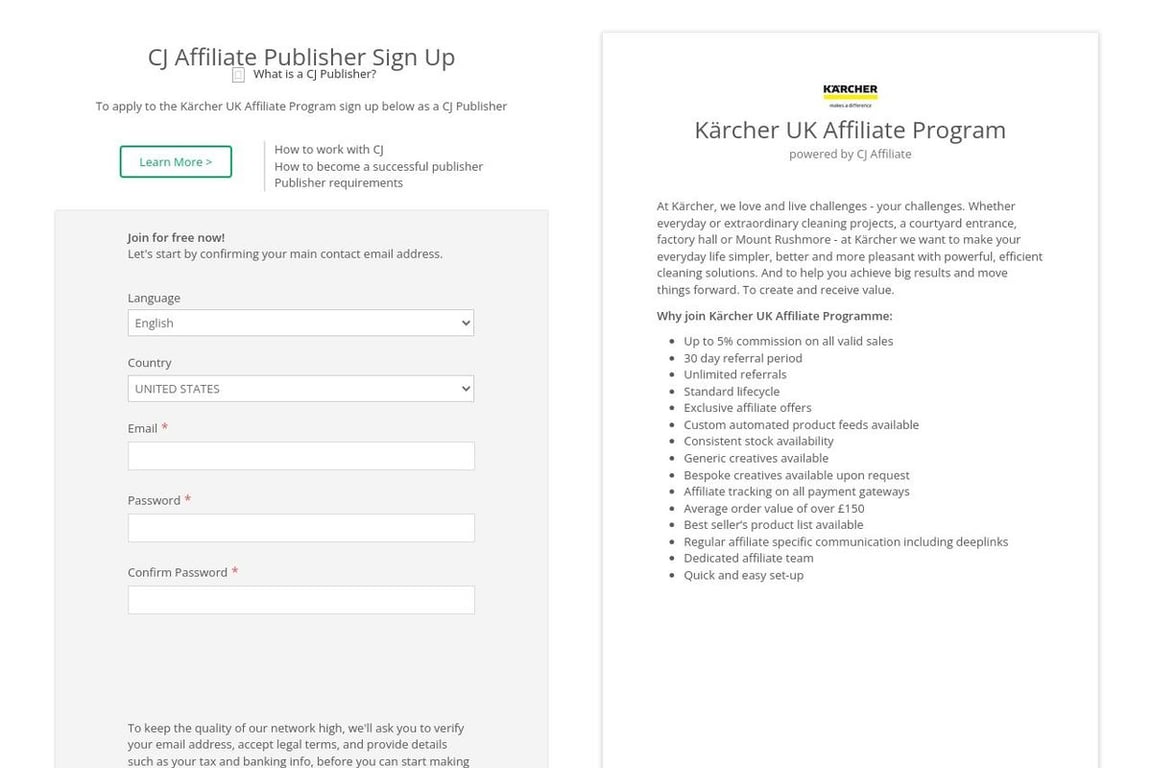 Krcher UK affiliate program signup page