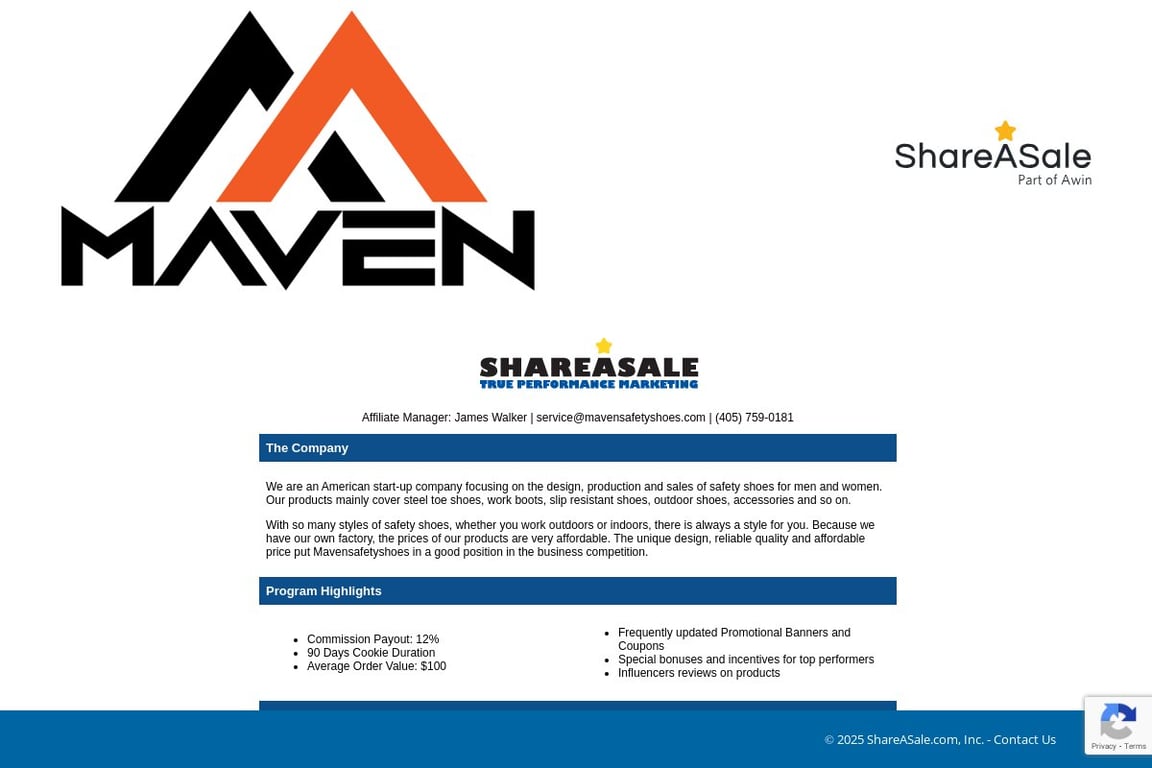 Maven Safety Shoes affiliate program signup page