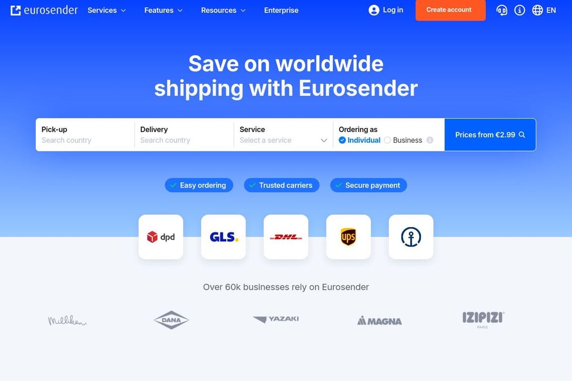 Eurosender homepage