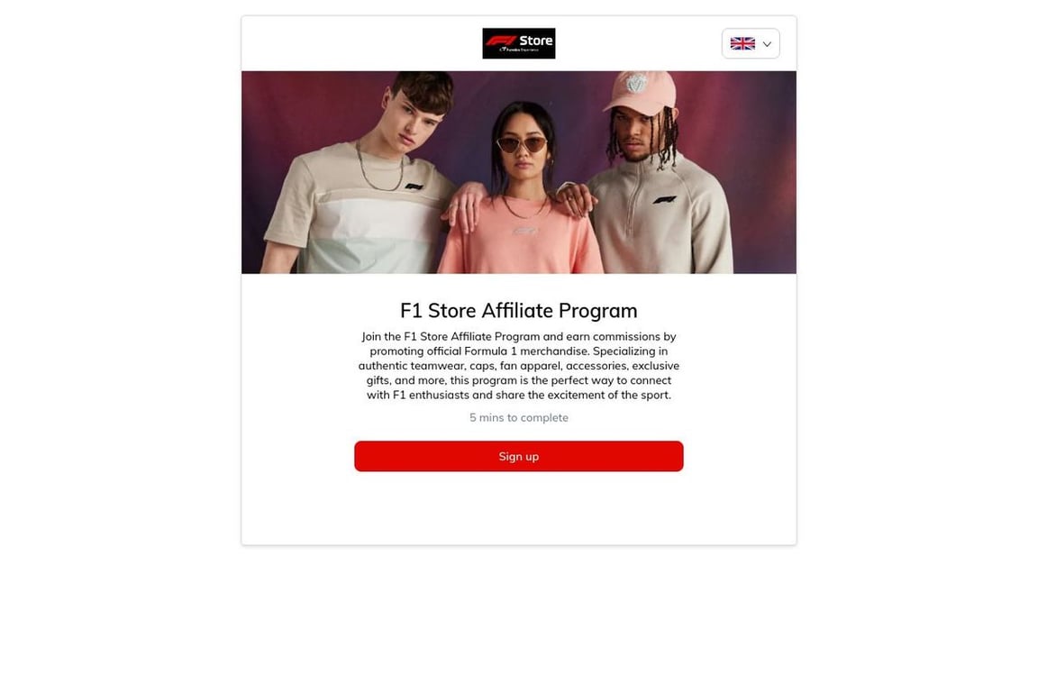 F1 Store affiliate program signup page