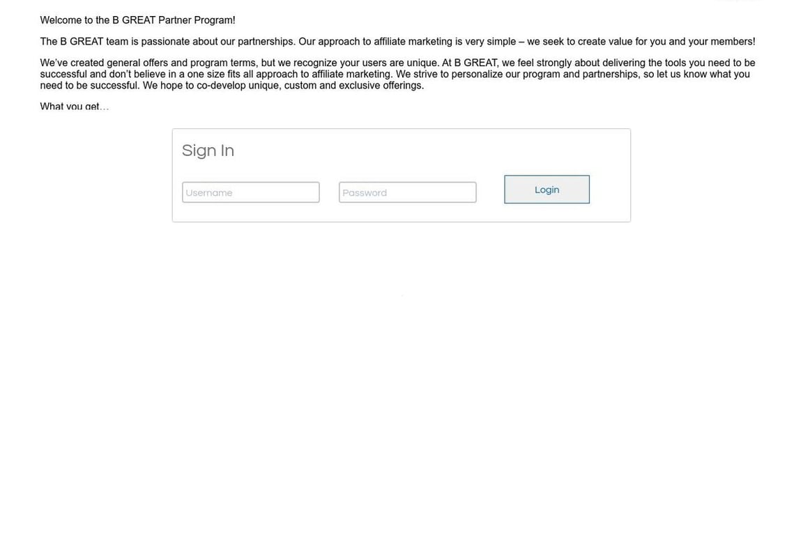 B GREAT affiliate program signup page