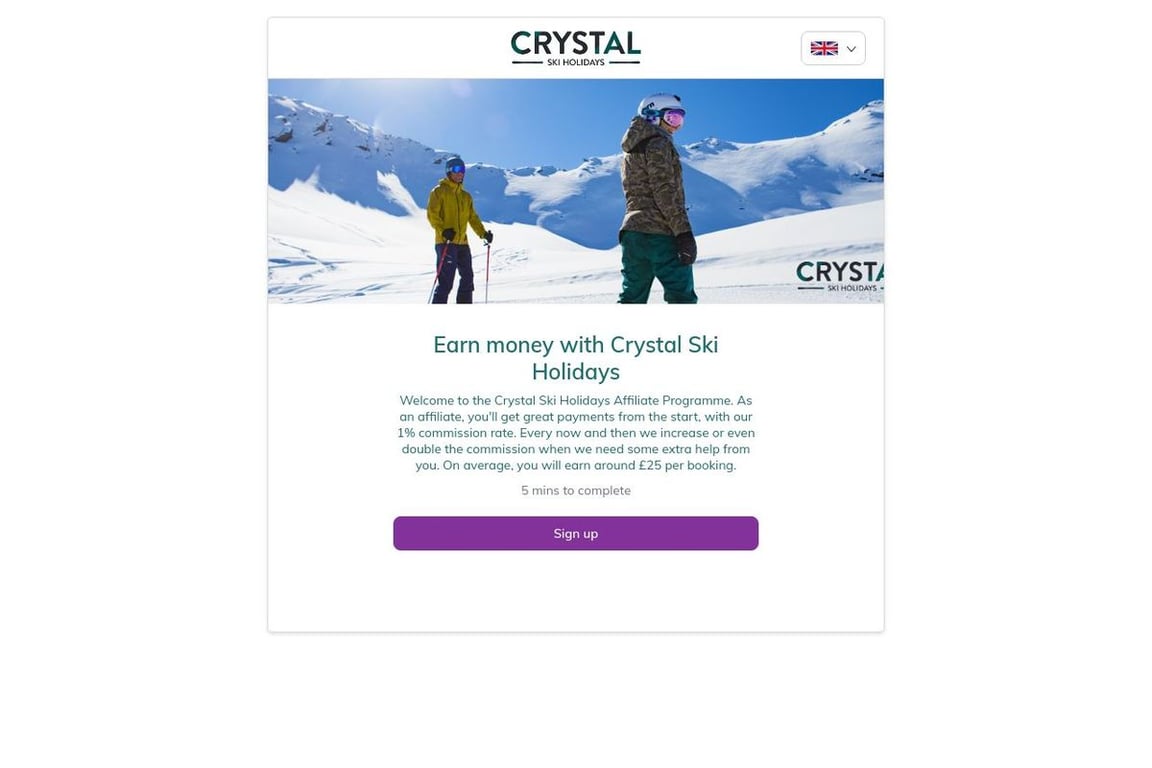 Crystal Ski Holidays affiliate program signup page