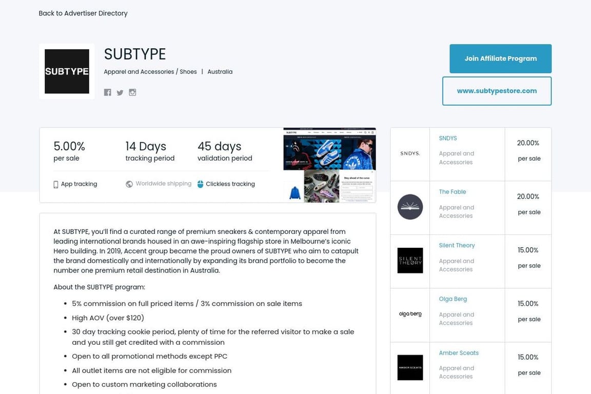 SUBTYPE affiliate program signup page