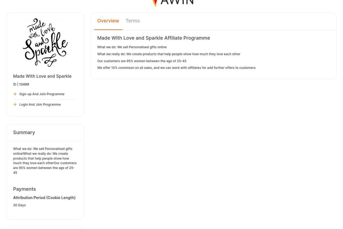 Made With Love and Sparkle affiliate program signup page