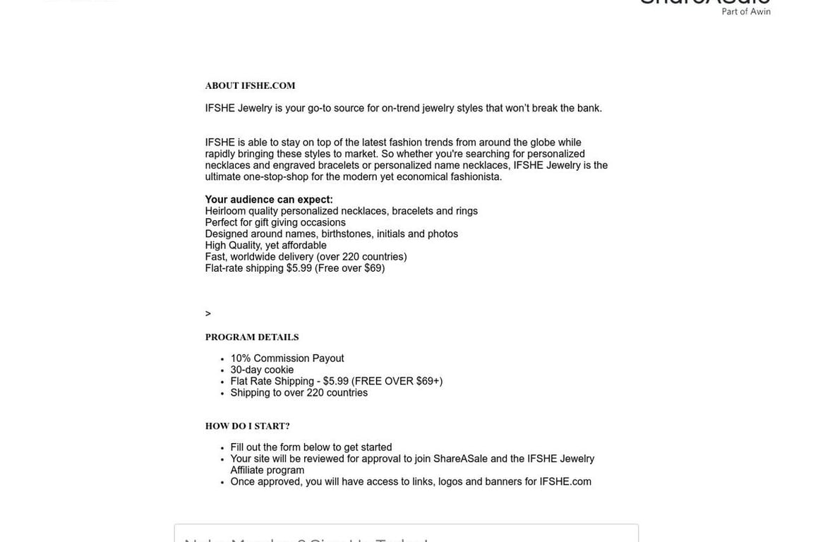 IFSHE Jewelry Preferred affiliate program signup page
