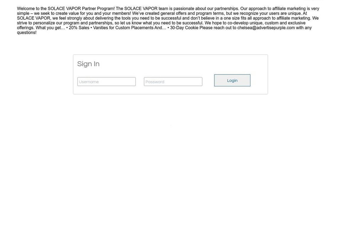 Solace Vapor affiliate program signup page
