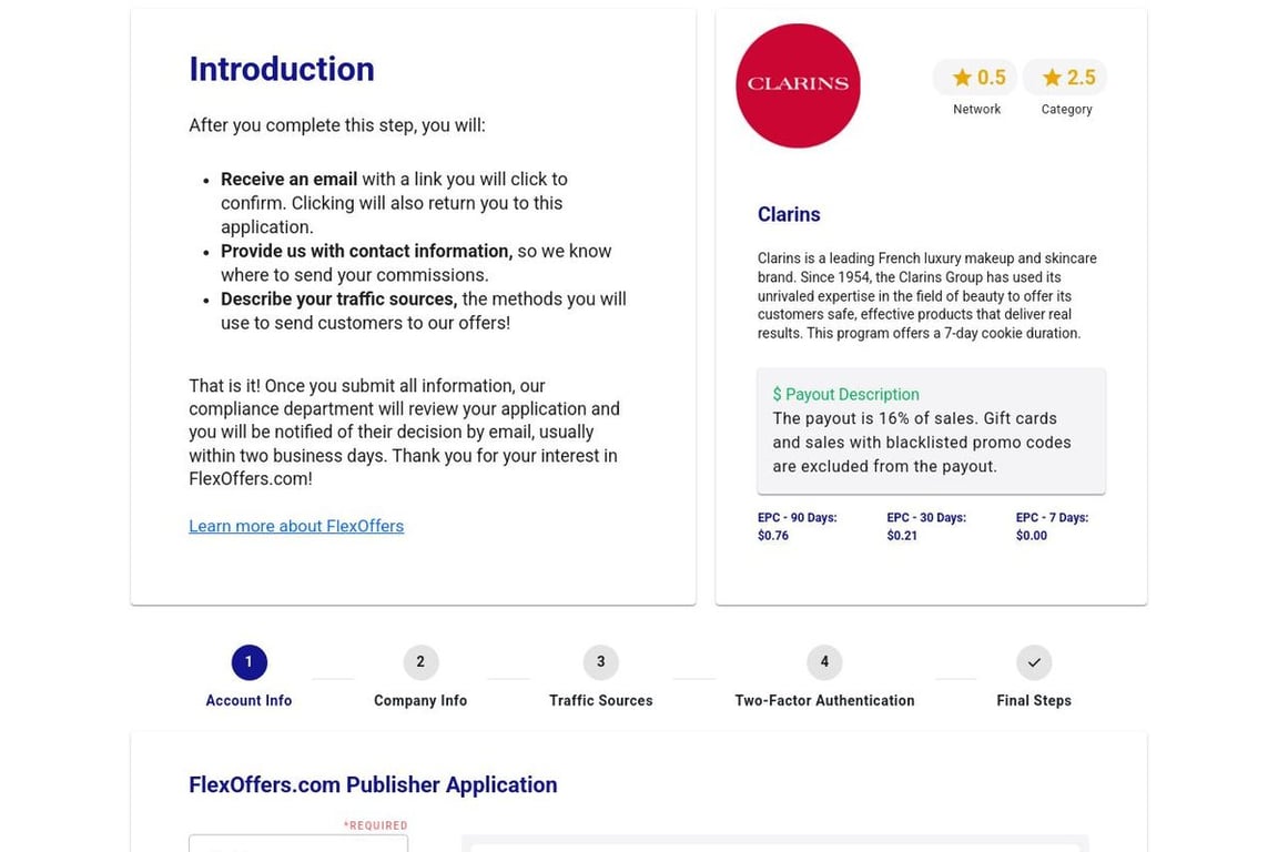 Clarins affiliate program signup page