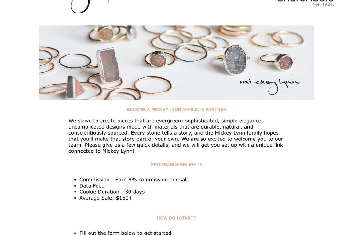 Mickey Lynn affiliate program signup page