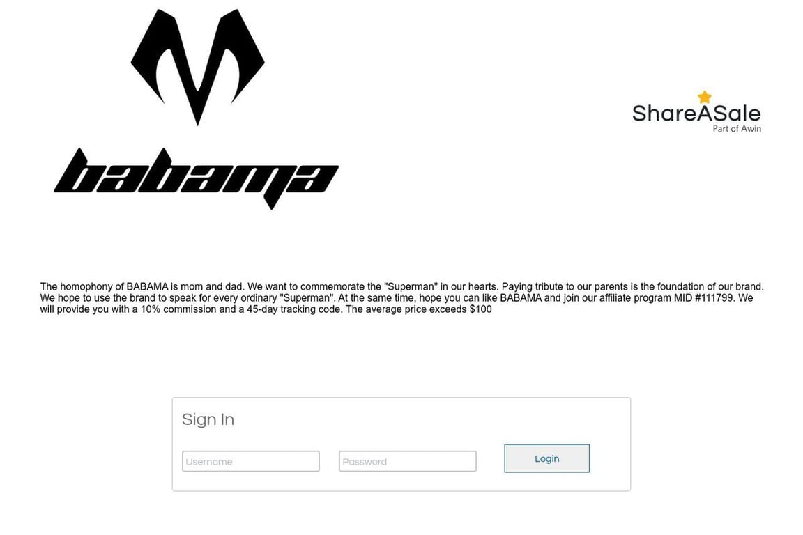 Babama Jewelry affiliate program signup page