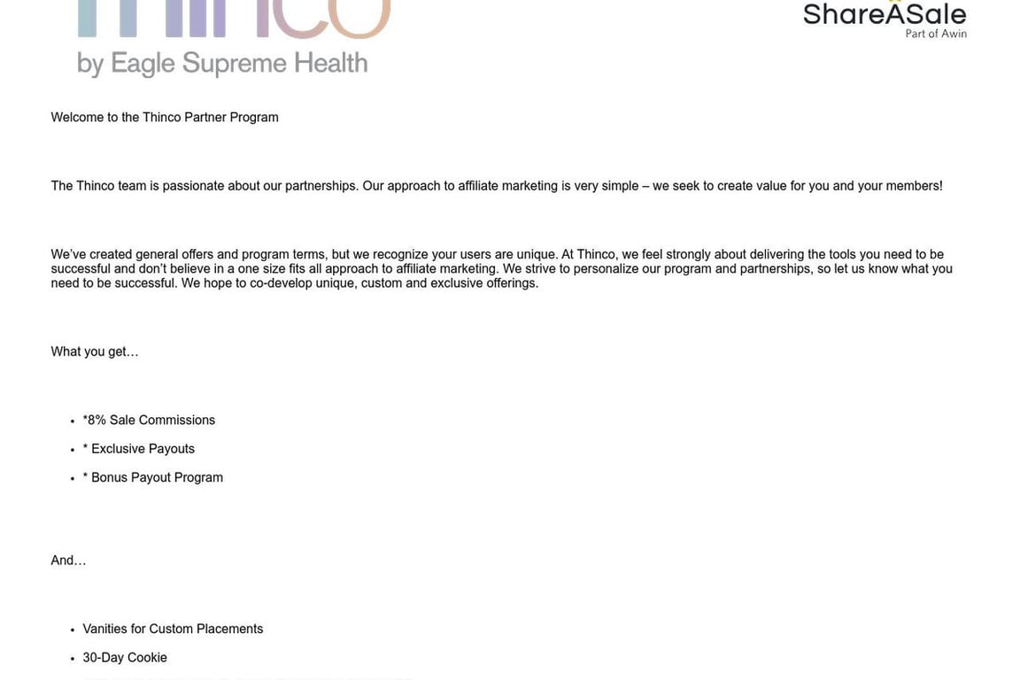Thinco affiliate program signup page