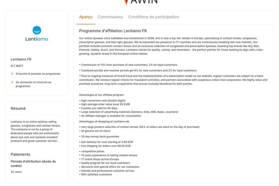 Lentiamo FR affiliate program signup page