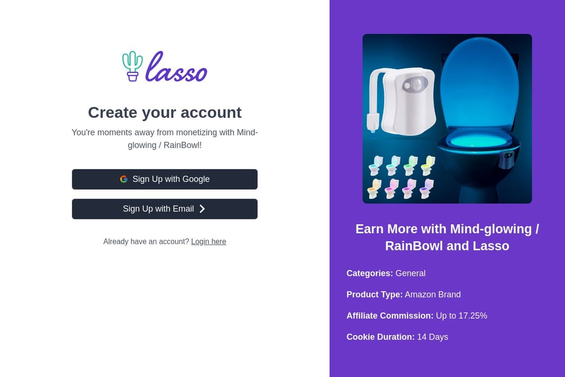 Mind-glowing / RainBowl affiliate program signup page