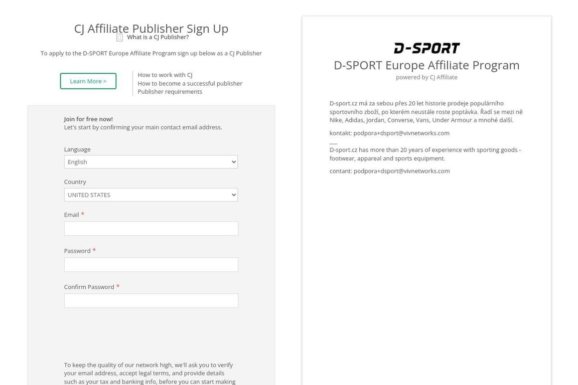 D-SPORT affiliate program signup page