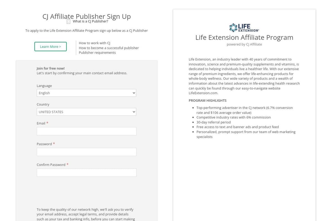Life Extension Europe UK affiliate program signup page