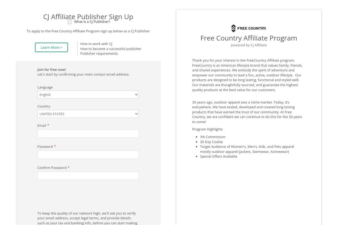 Free Country affiliate program signup page