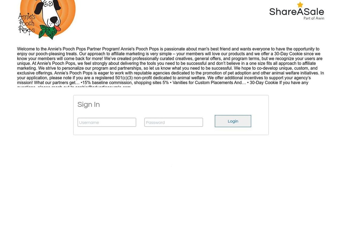 Annie’s Pooch Pops affiliate program signup page
