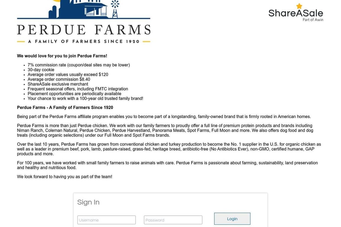 Perdue Farms Preferred affiliate program signup page