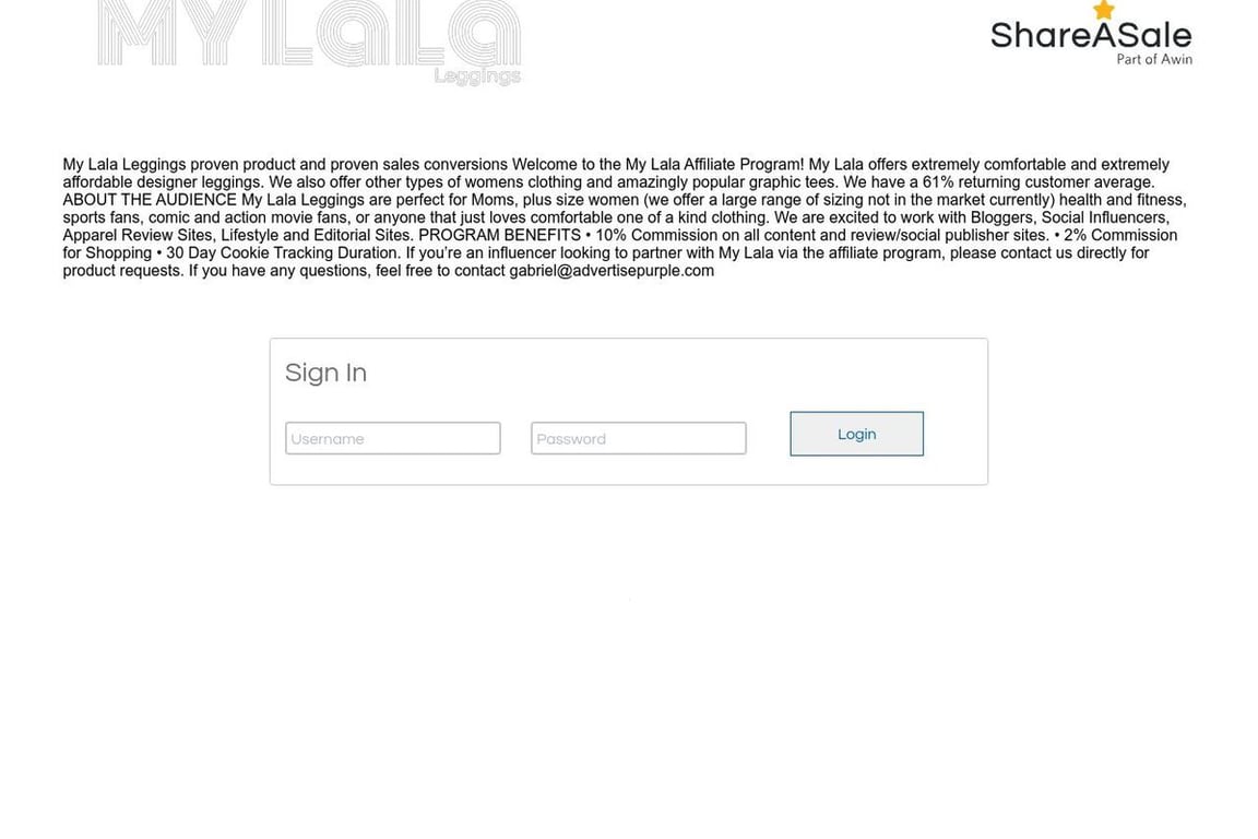 My Lala Leggings affiliate program signup page