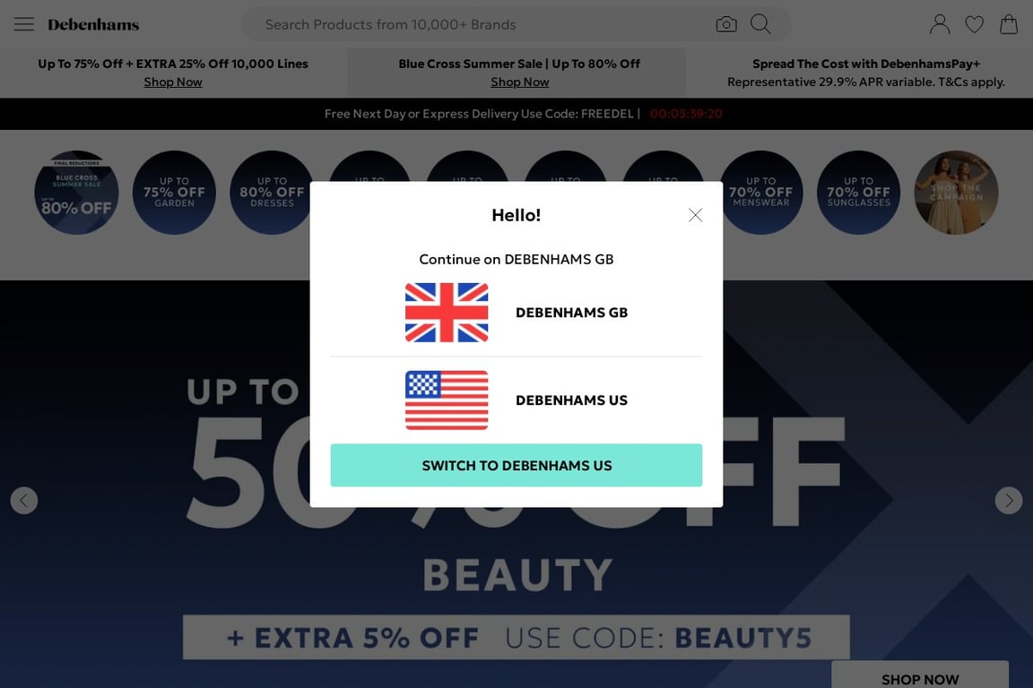 Debenhams UK homepage