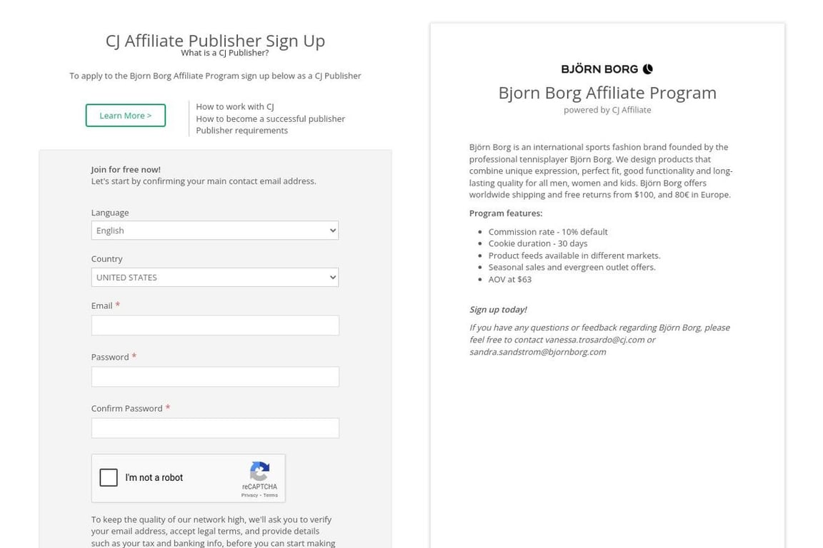Bjorn Borg affiliate program signup page