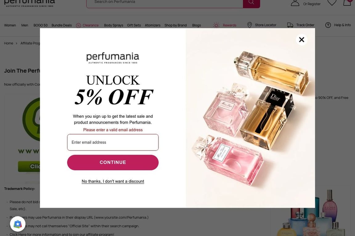 Perfumania affiliate program signup page