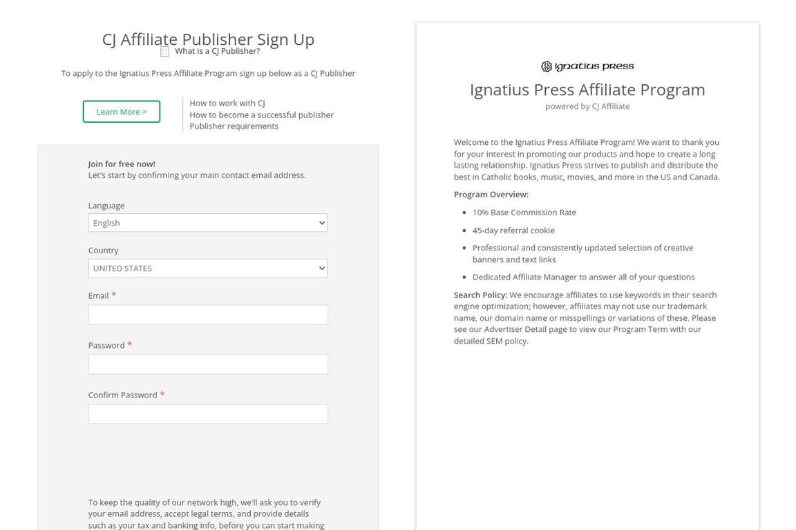 Ignatius Press affiliate program signup page
