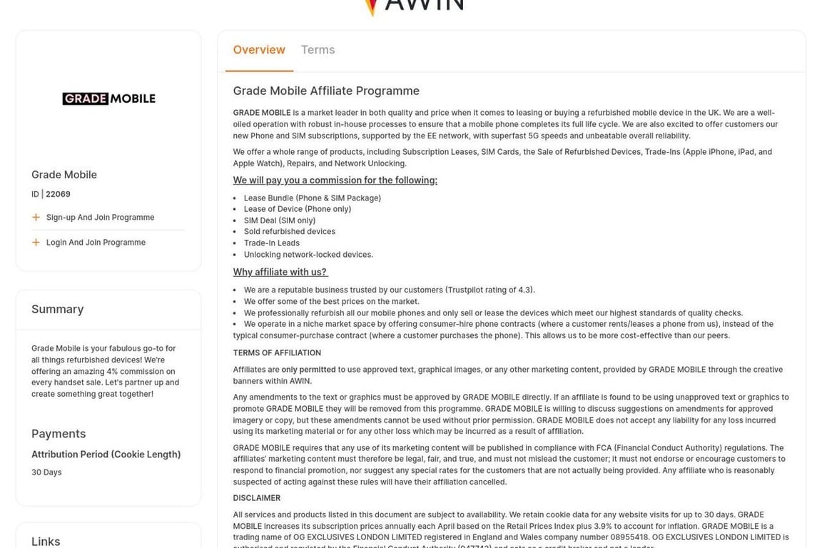 Grade Mobile affiliate program signup page