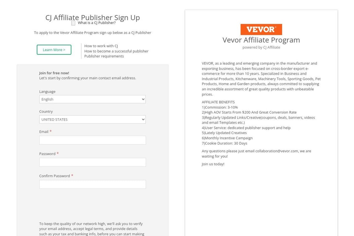 Vevor affiliate program signup page