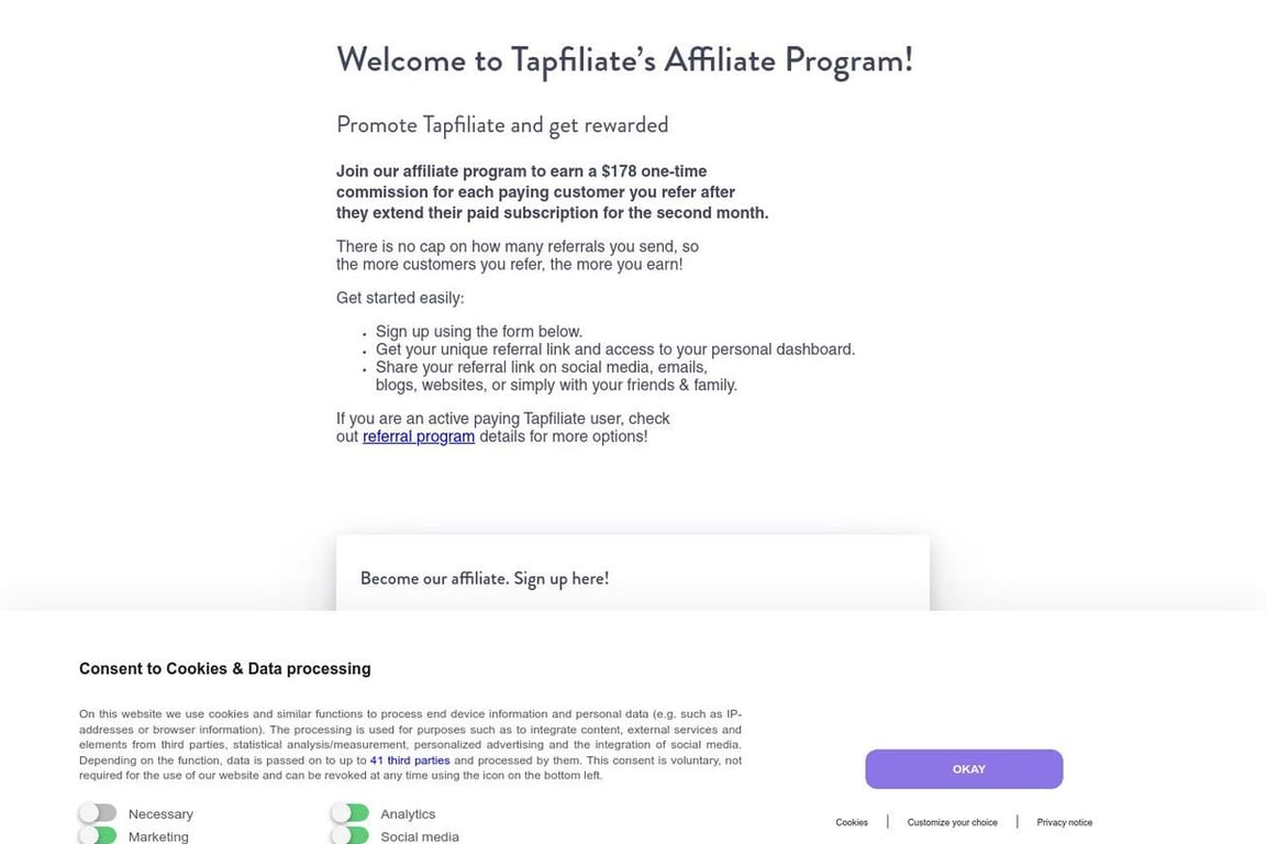 Tapfiliate affiliate program signup page
