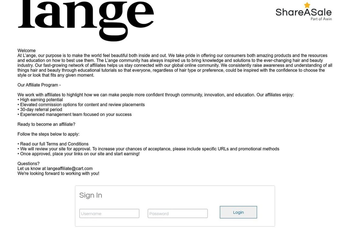 L’ange Hair affiliate program signup page