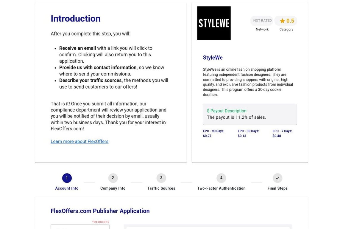 StyleWe affiliate program signup page
