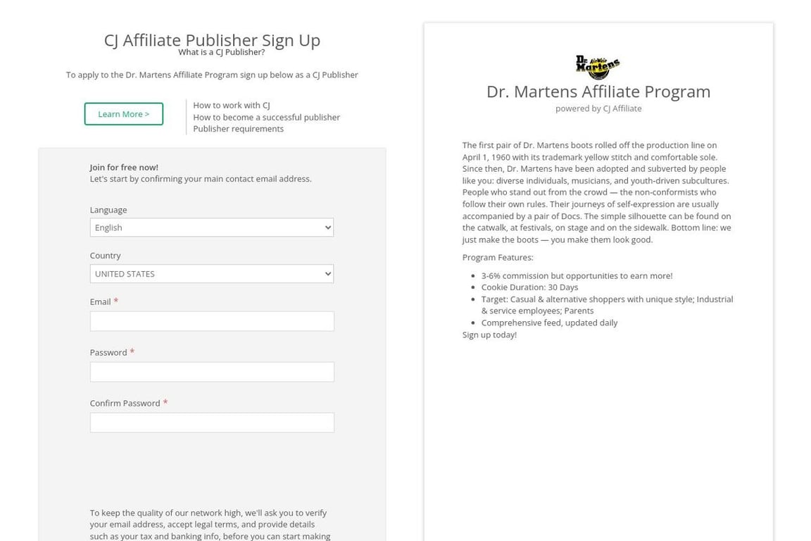 Dr. Martens affiliate program signup page