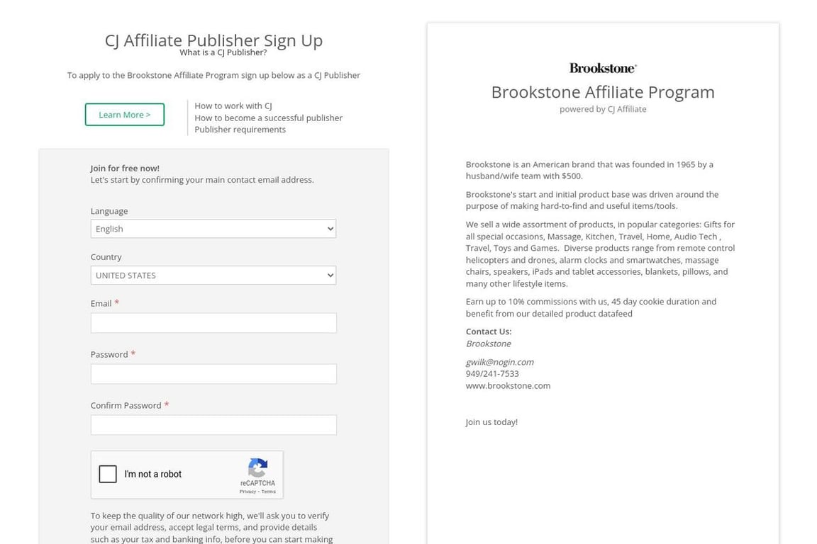 Brookstone affiliate program signup page