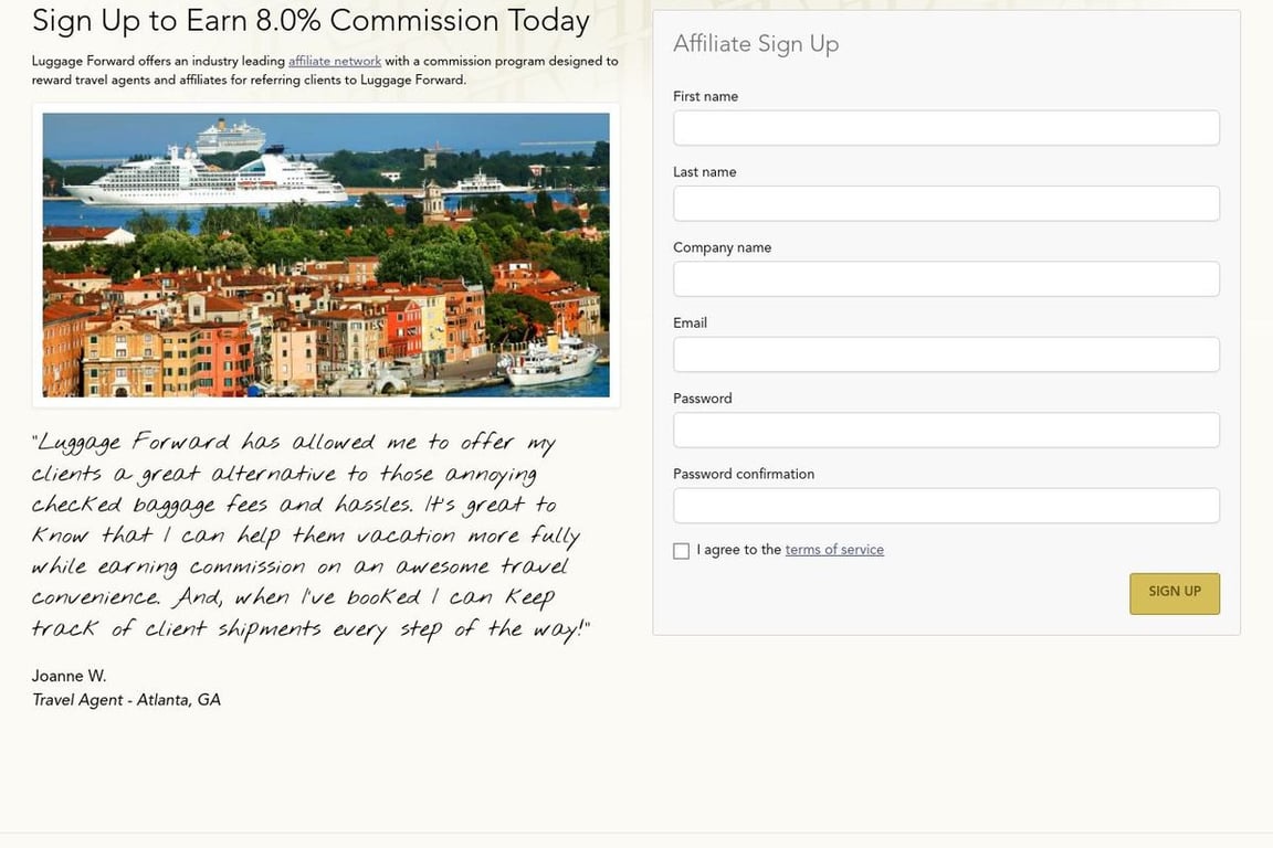Luggage Forward affiliate program signup page