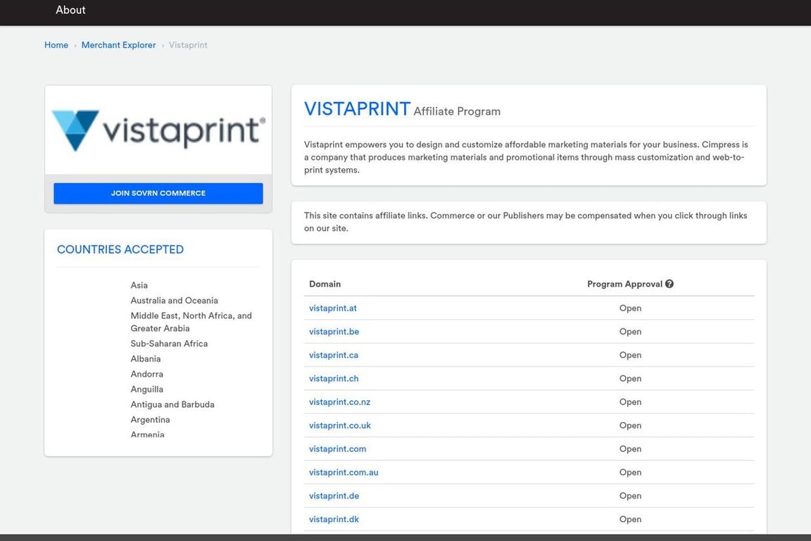 Vistaprint affiliate program signup page