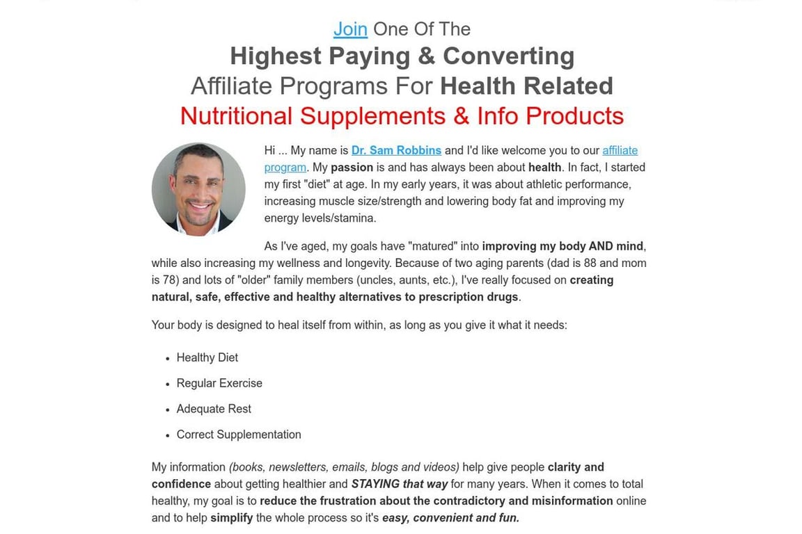 Health, Fitness & Longevity affiliate program signup page