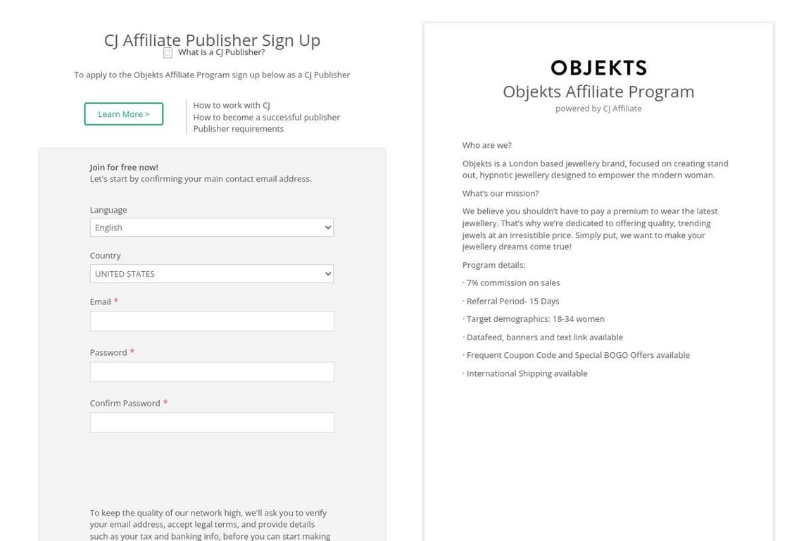 Objekts affiliate program signup page