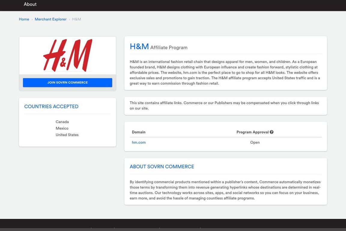 H&M affiliate program signup page