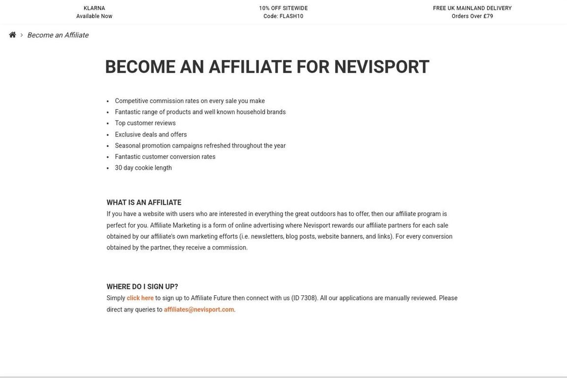 Nevisport affiliate program signup page
