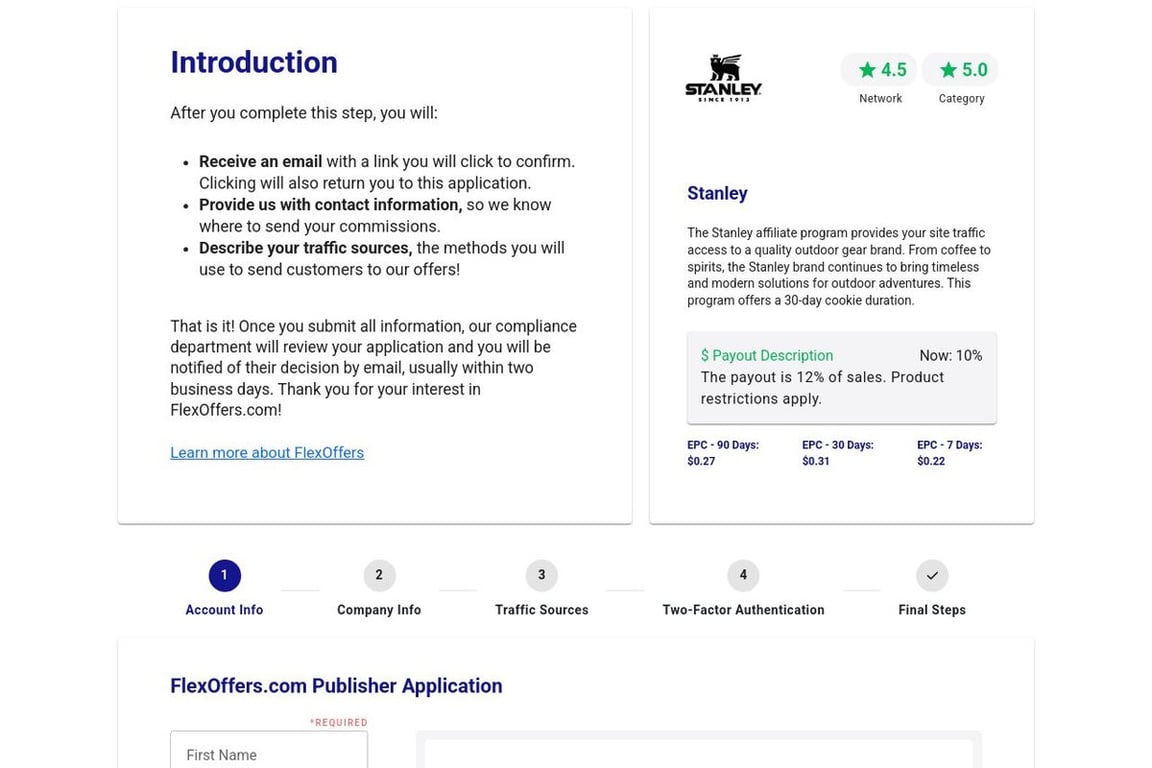 Stanley affiliate program signup page