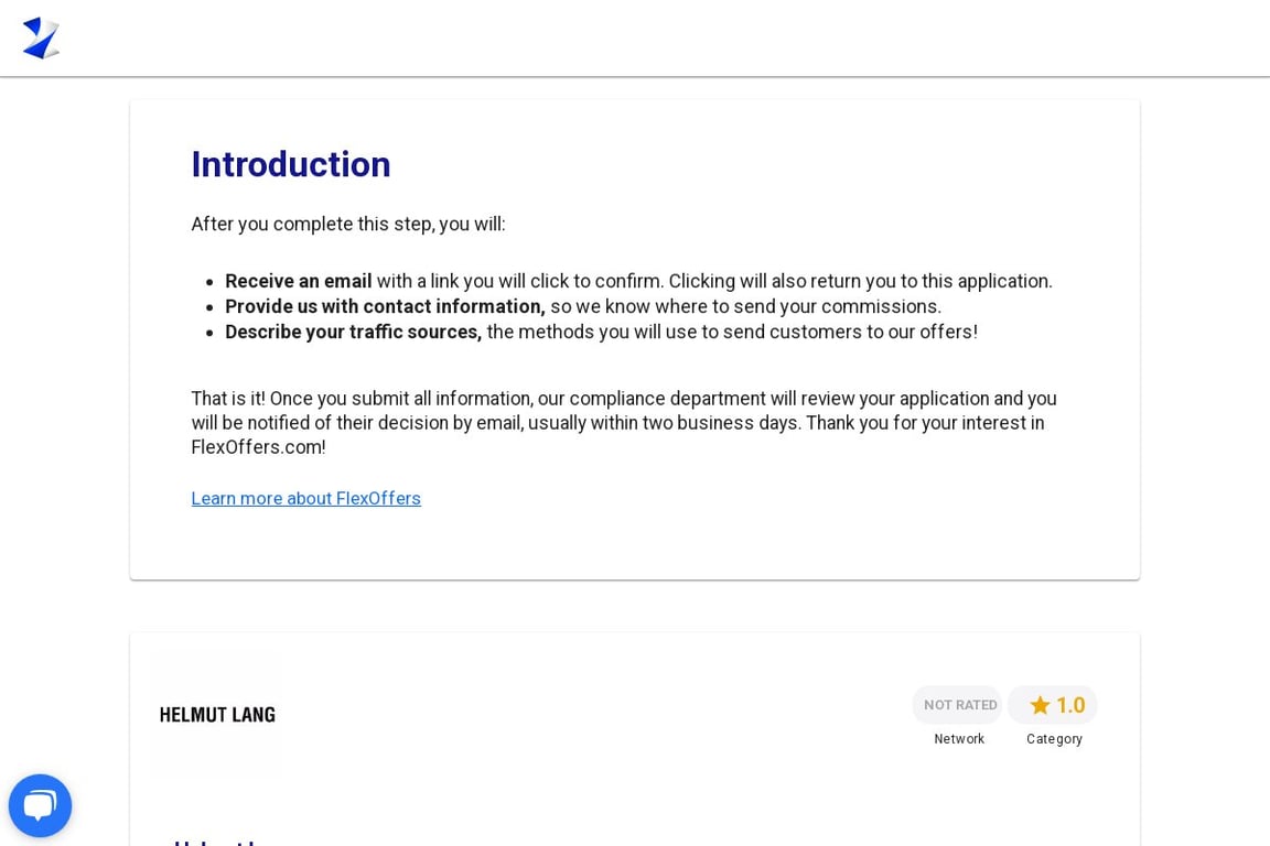 Helmut Lang affiliate program signup page