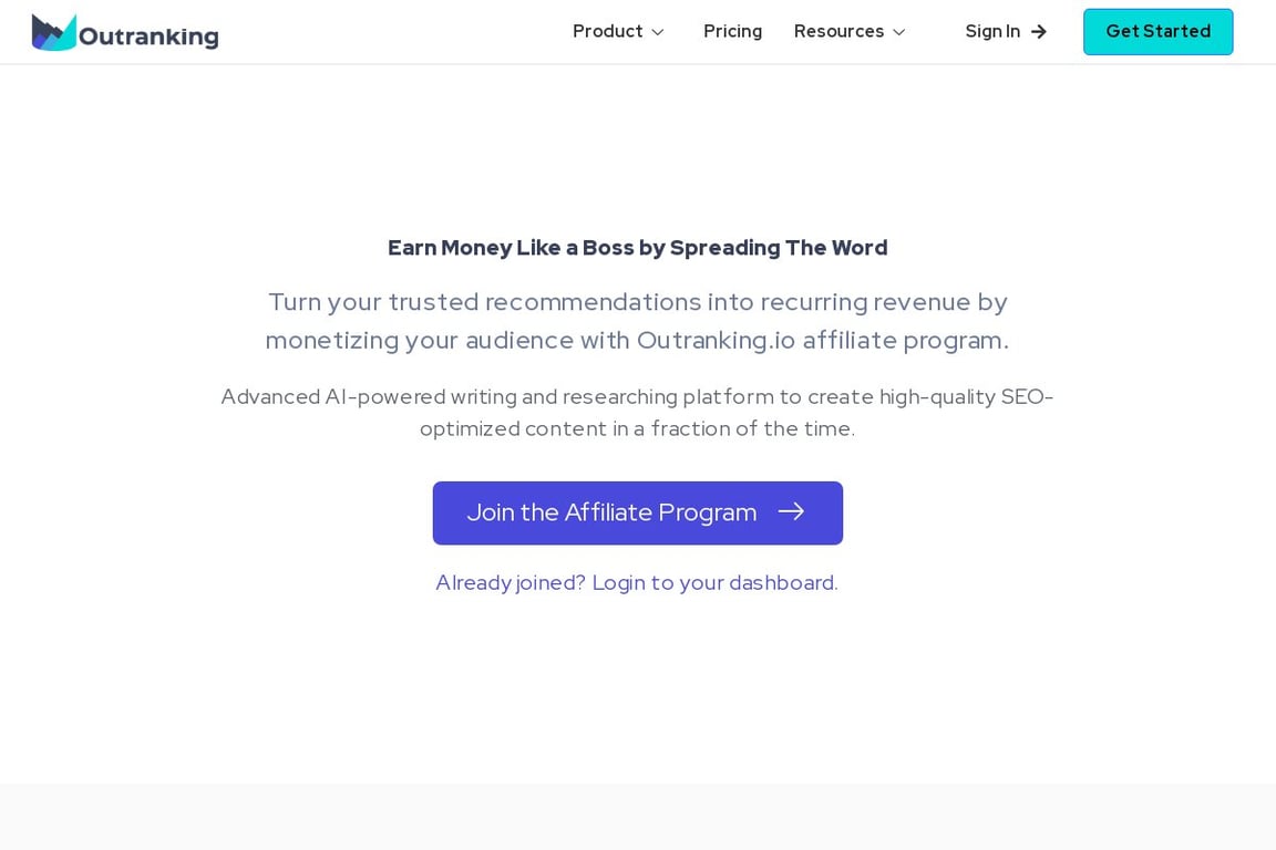 Outranking affiliate program signup page