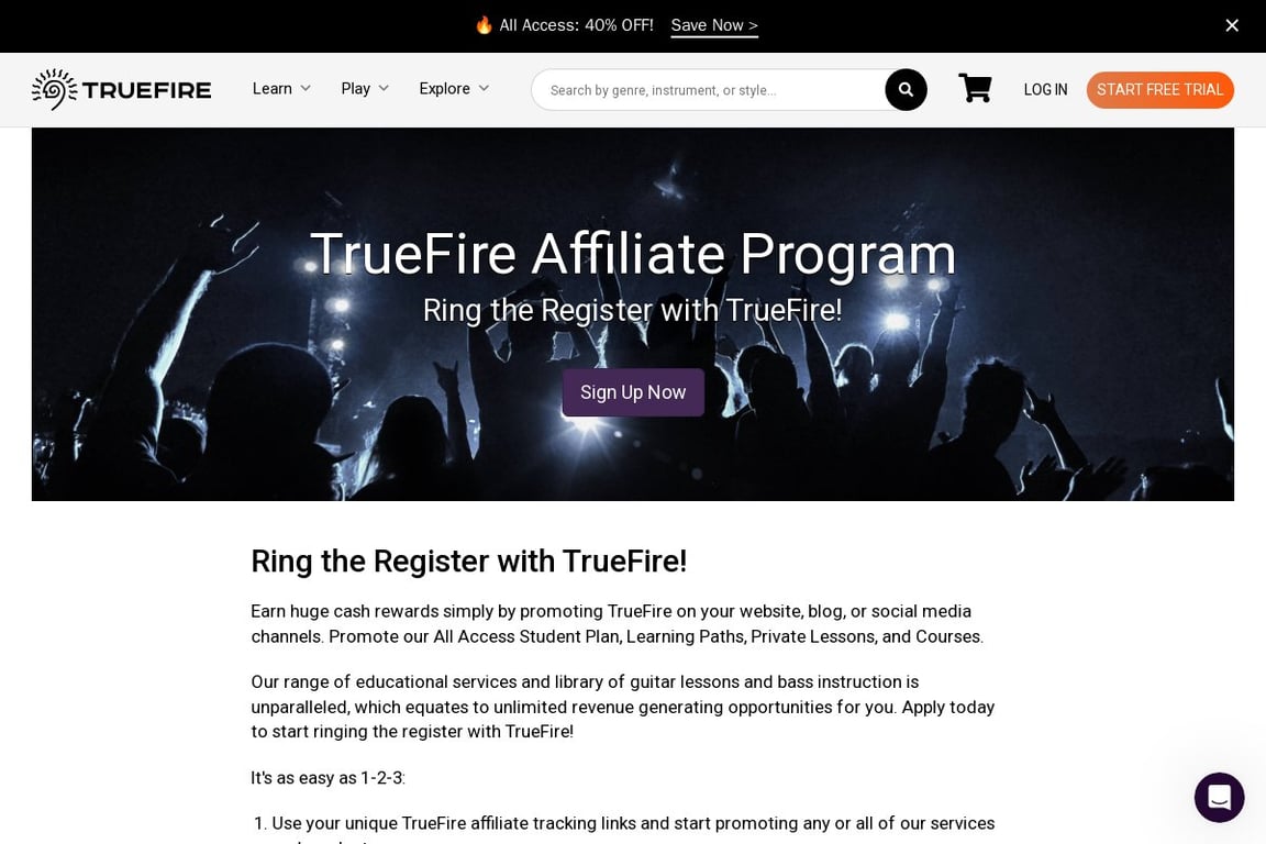 TrueFire affiliate program signup page