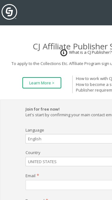 Collections Etc. affiliate program signup page
