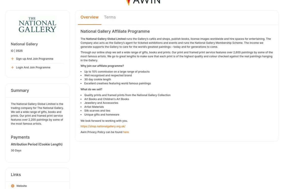 National Gallery UK affiliate program signup page
