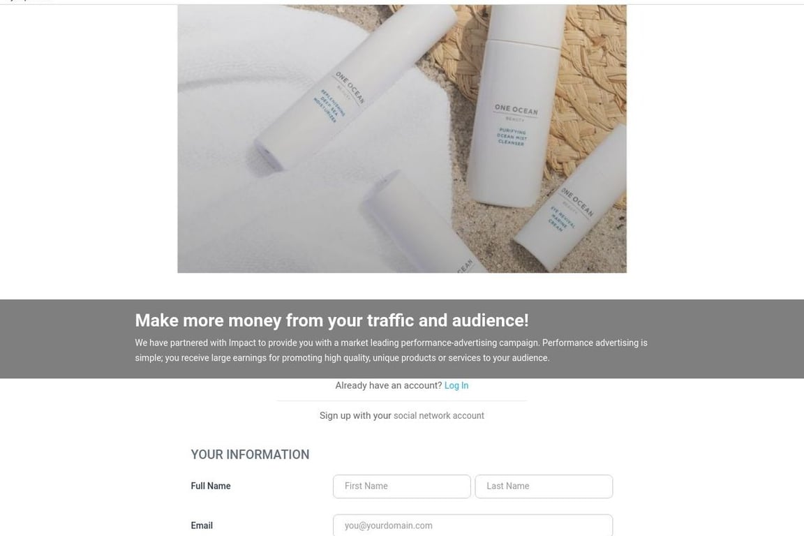 One Ocean Beauty affiliate program signup page