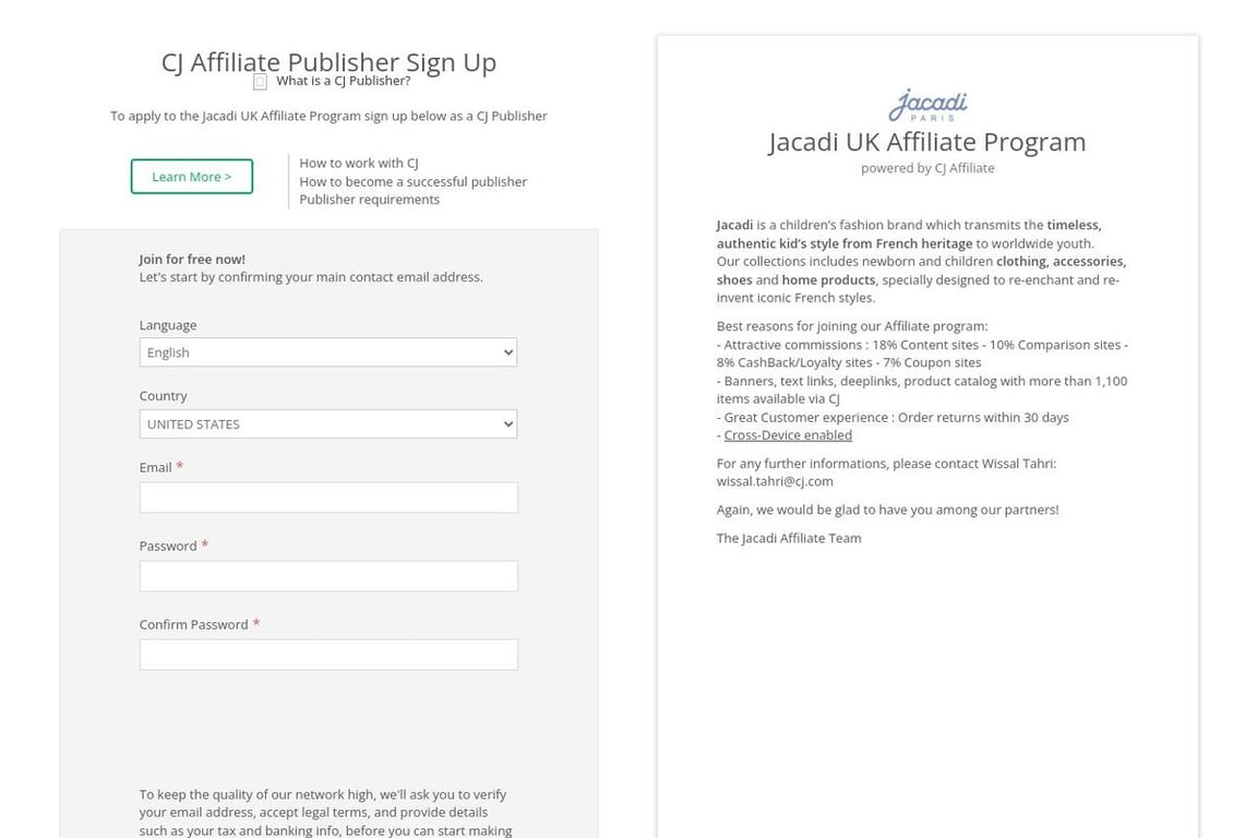 Jacadi affiliate program signup page