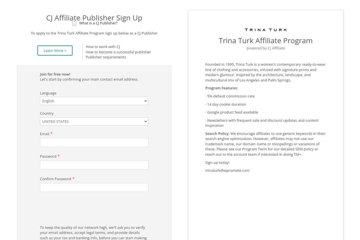 Trina Turk affiliate program signup page