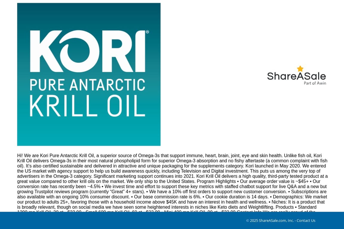 Kori Krill Oil affiliate program signup page