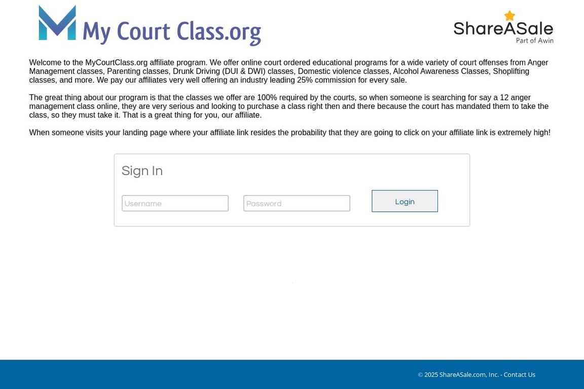 Online Court Classes affiliate program signup page